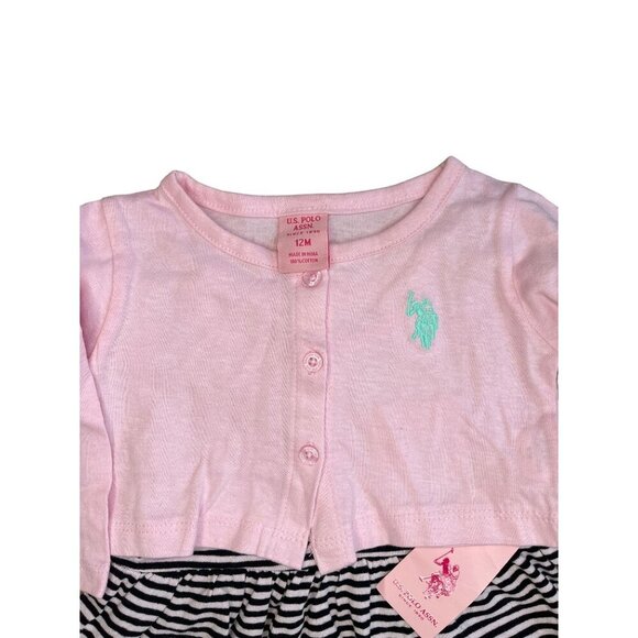 U.S. Polo Assn. Baby Girl's 2-Piece Dress Set Pink Cardigan Striped Dress 12M - Picture 3 of 4